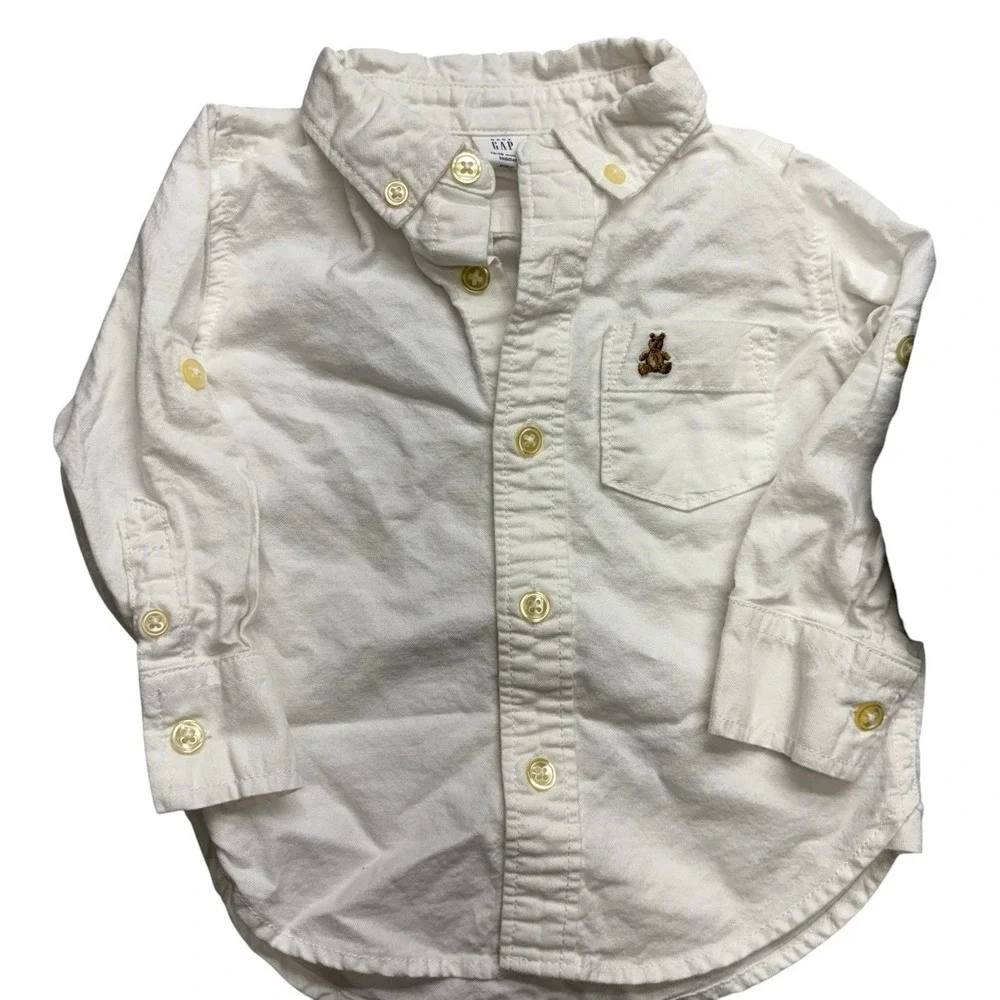 Baby Gap 12-18 Months Chambray Bodysuit Lot Of 2 Embroidered Bear Long Sleeve
